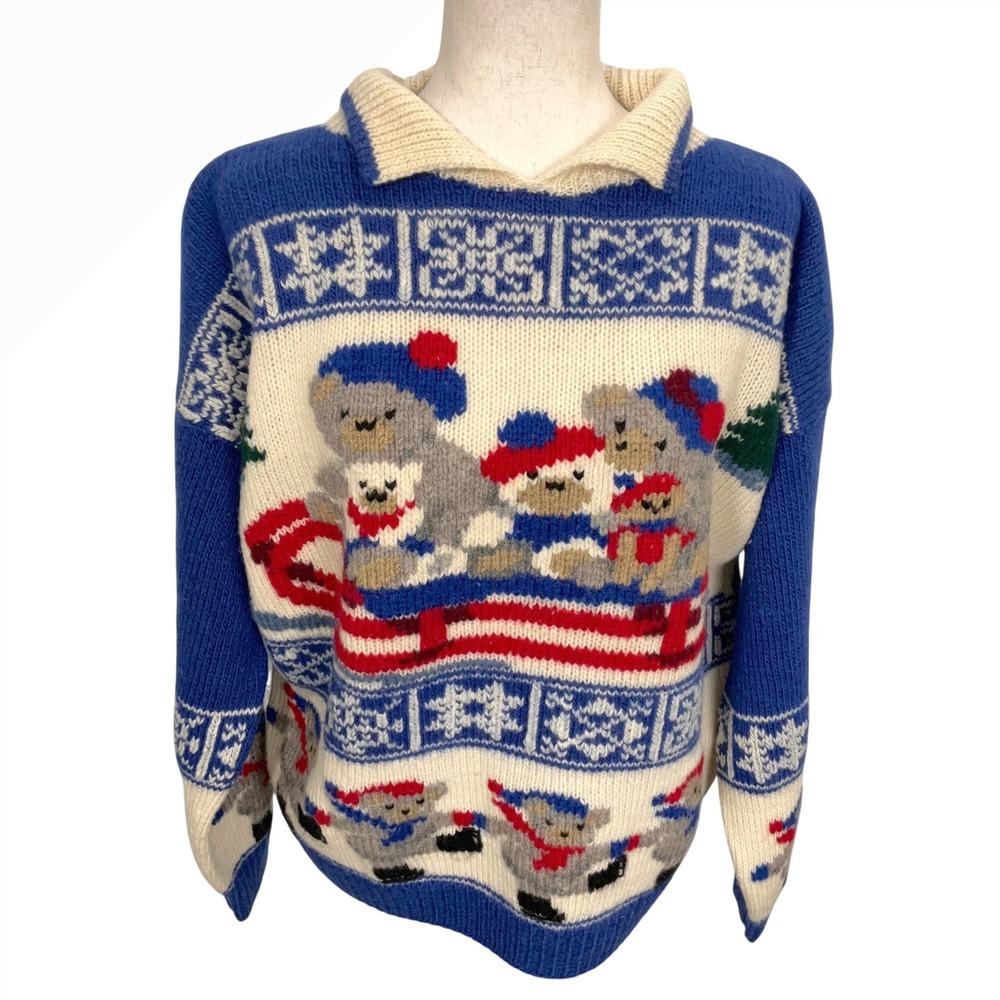 Vintage South Wool Sweater Womens Large Blue Teddy Bears Snow Sled Handknit